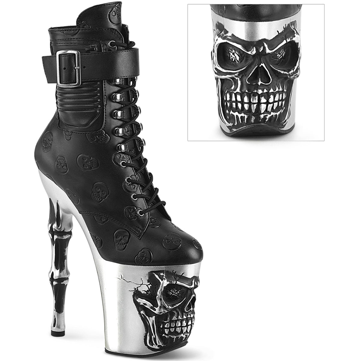 8" Finger Bone Heel, 4" Skull Pf Ankle Boot, Inside Zip Pleaser  RAPT1020STR-02/BPU/S Main image