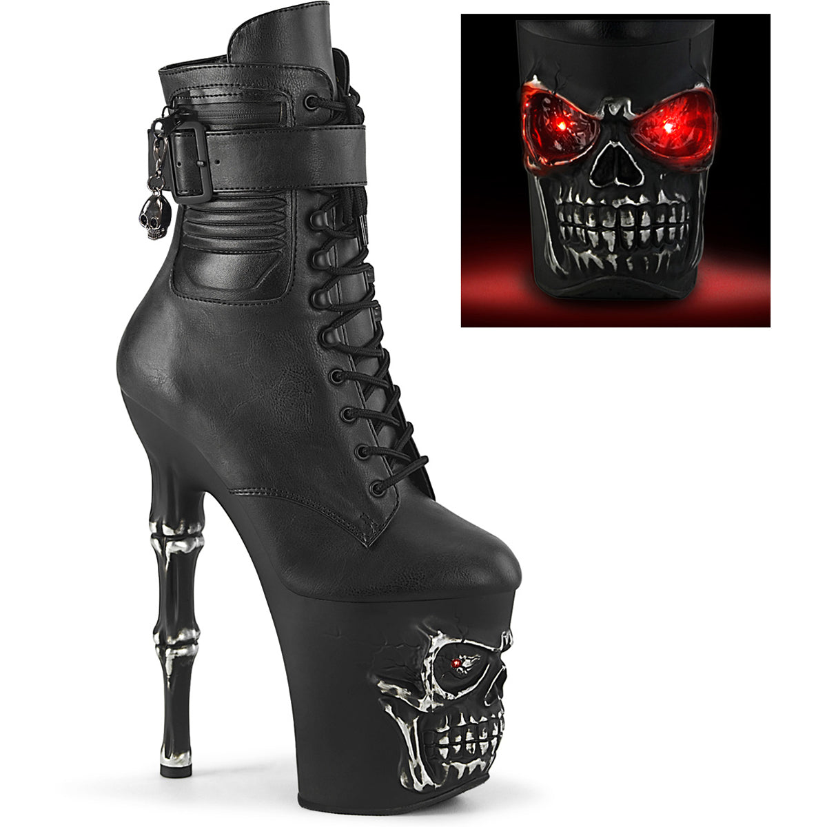 8" Finger Bone Heel, 4" Skull Pf Led Ankle Boot, Side Zip Pleaser  RAPT1020STR-LT/BPU/M Main image