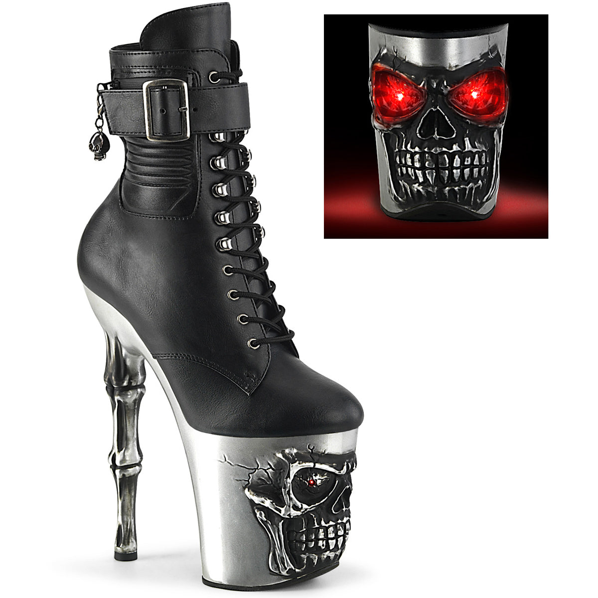 8" Finger Bone Heel, 4" Skull Pf Led Ankle Boot, Side Zip Pleaser  RAPT1020STR-LT/BPU/S