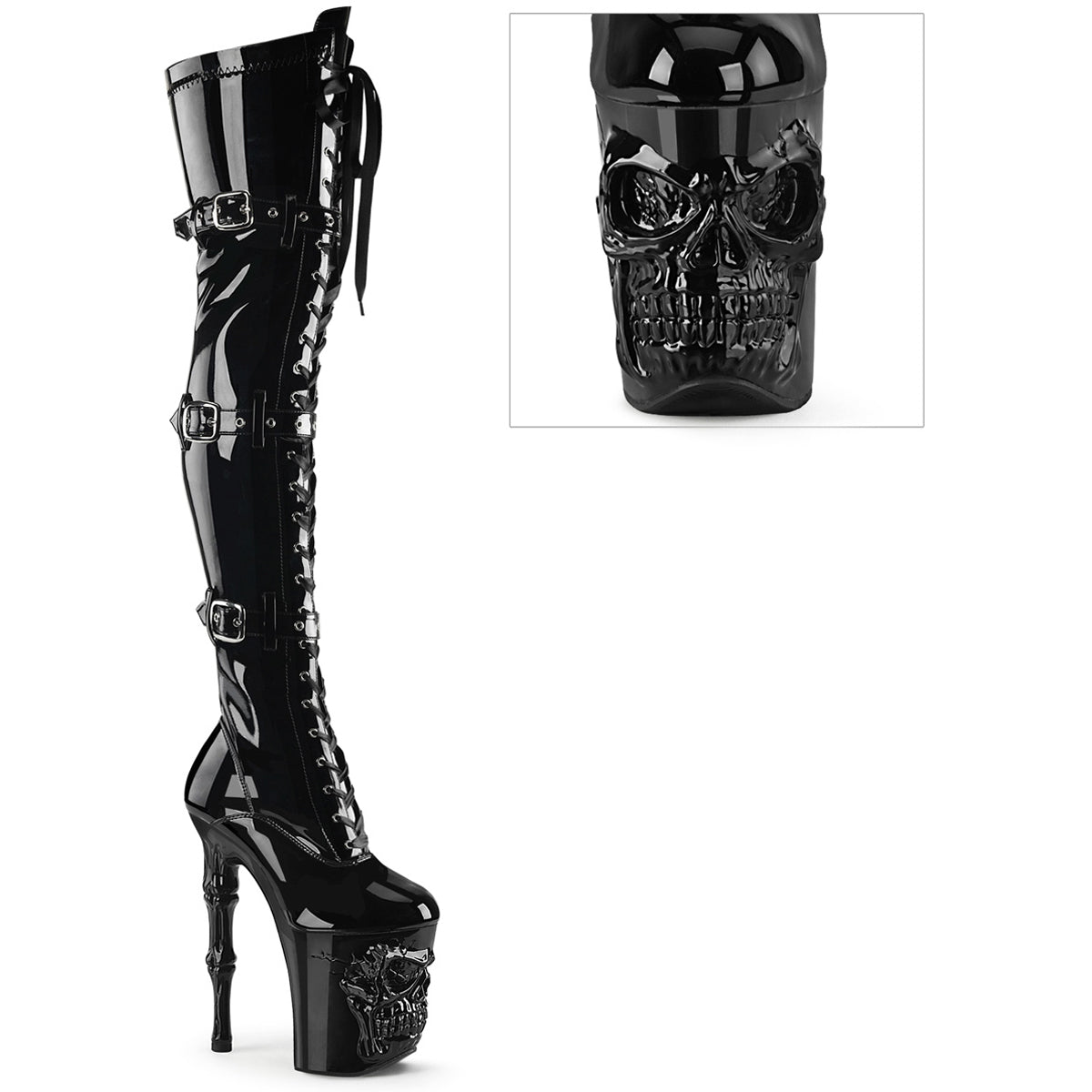 8" Finger Bone Heel, 4" Skull Pf Thigh Boot, Inside Zip Pleaser  RAPT3028/B/M Main image