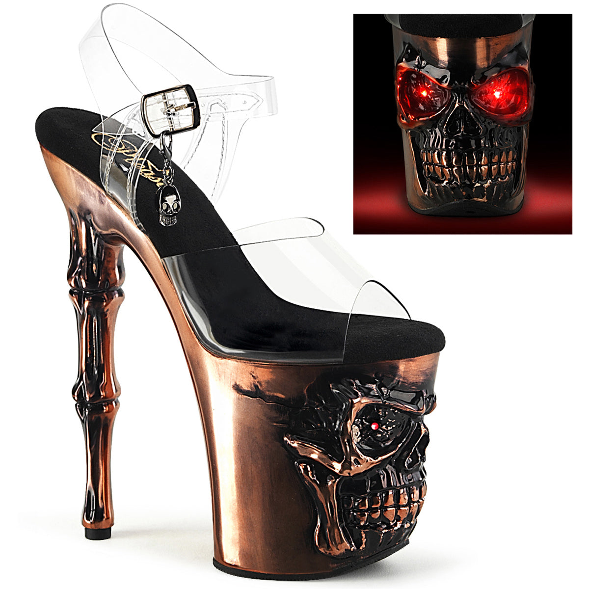 8" Finger Bone Heel, 4" Skull Pf Led Ankle Strap Sandal Pleaser  RAPT808-LT/C/BASCH