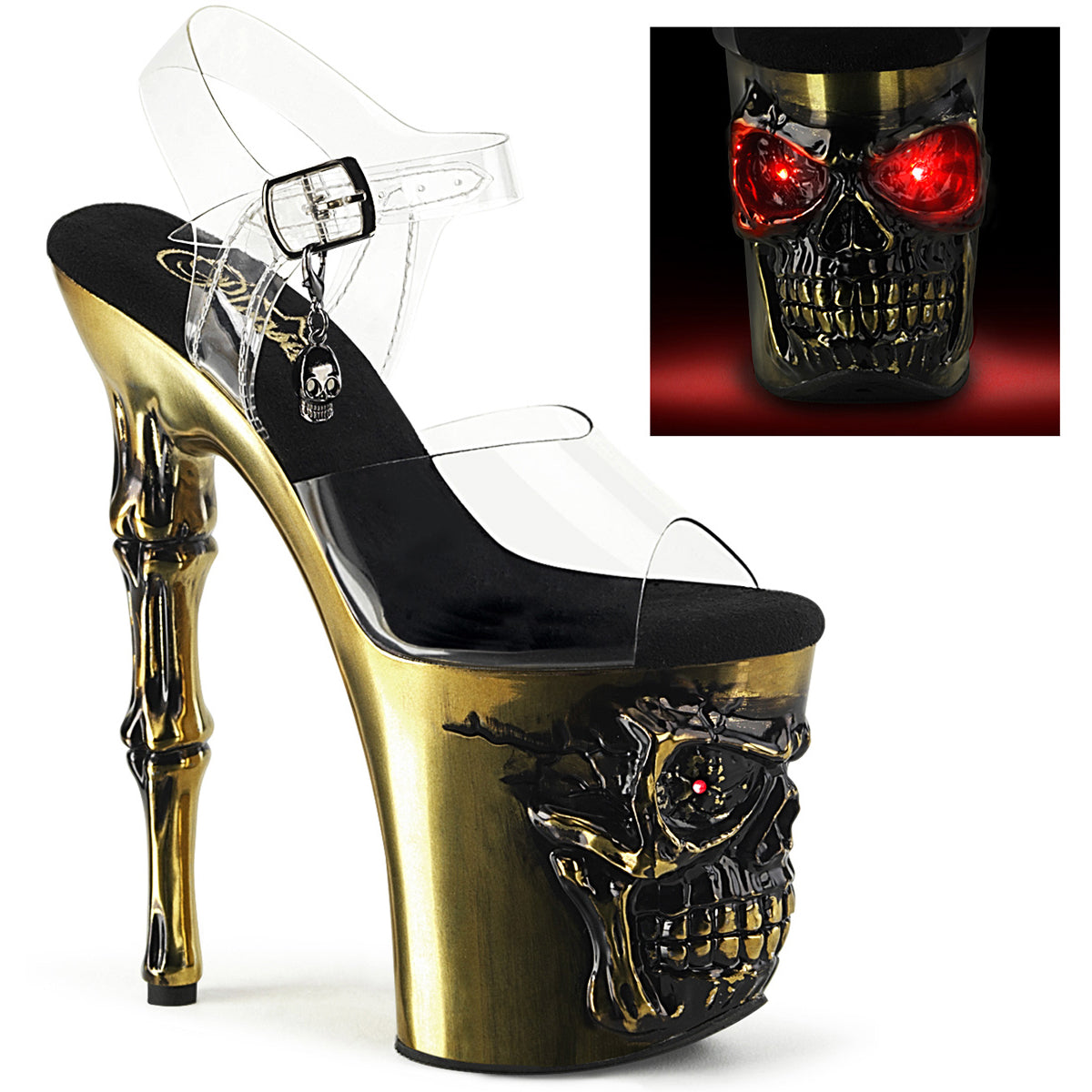 8" Finger Bone Heel, 4" Skull Pf Led Ankle Strap Sandal Pleaser  RAPT808-LT/C/COPCH