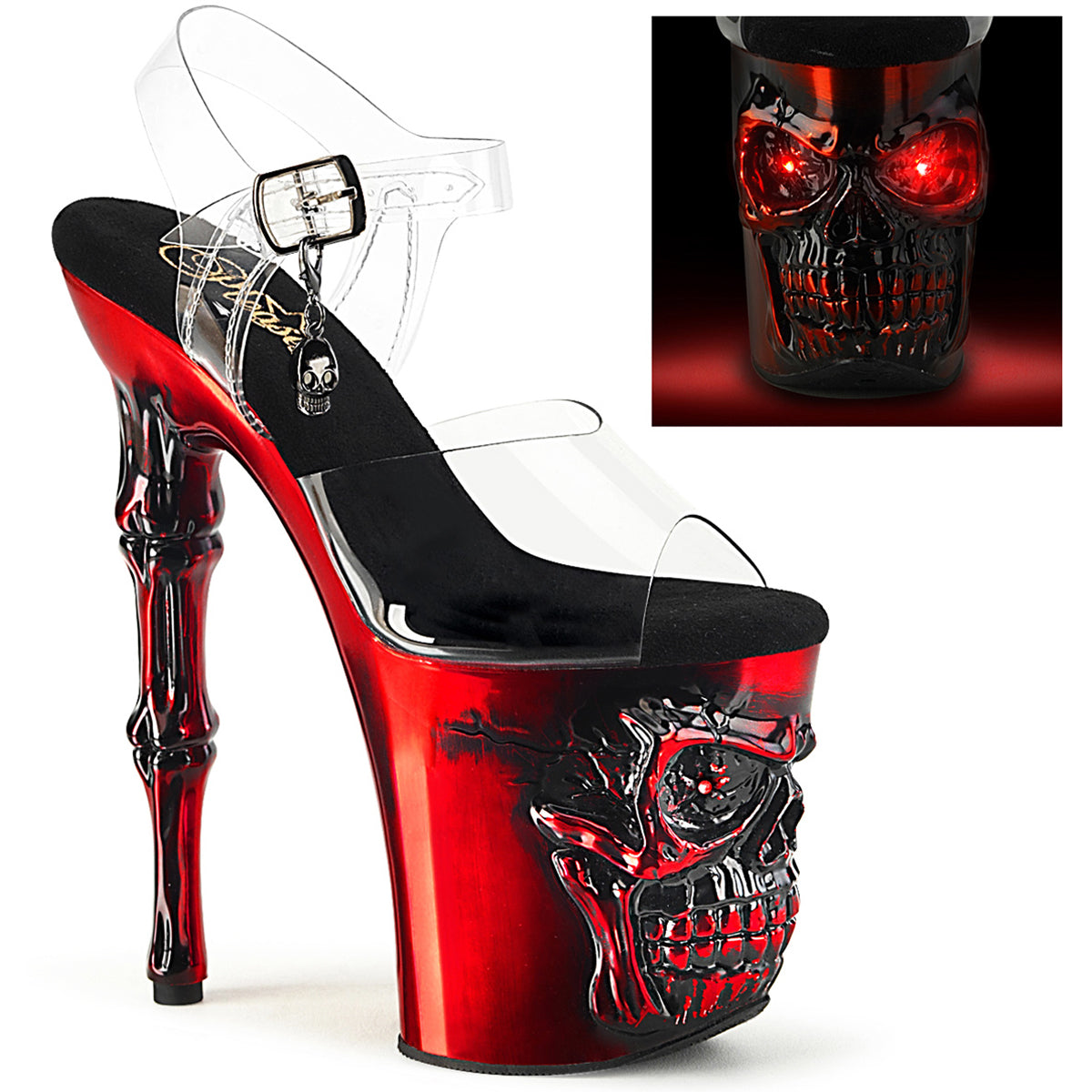 8" Finger Bone Heel, 4" Skull Pf Led Ankle Strap Sandal Pleaser  RAPT808-LT/C/RCH Main image