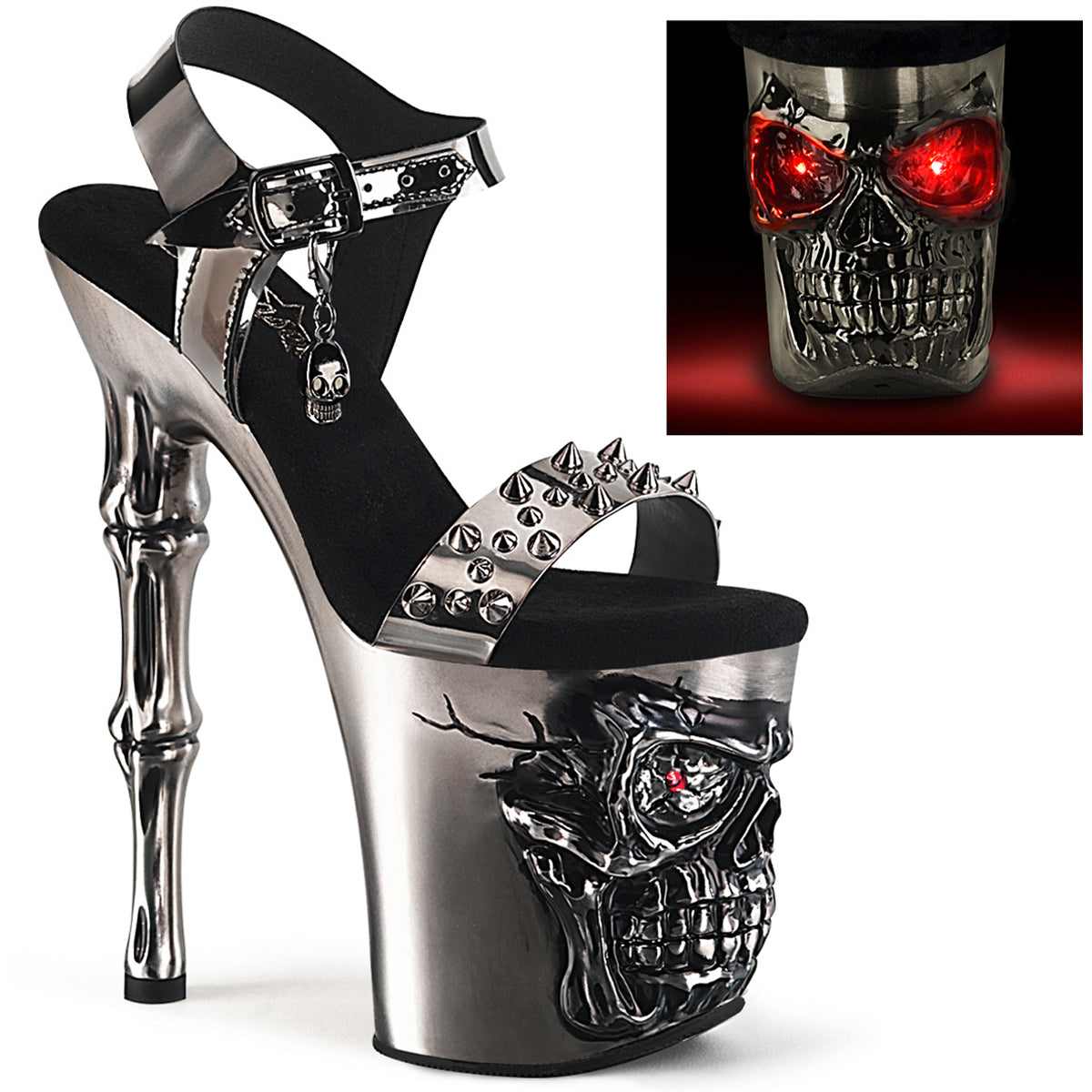 8" Finger Bone Heel, 4" Skull Pf Led Ankle Strap Sandal Pleaser  RAPT812-LT/PWTPU/M
