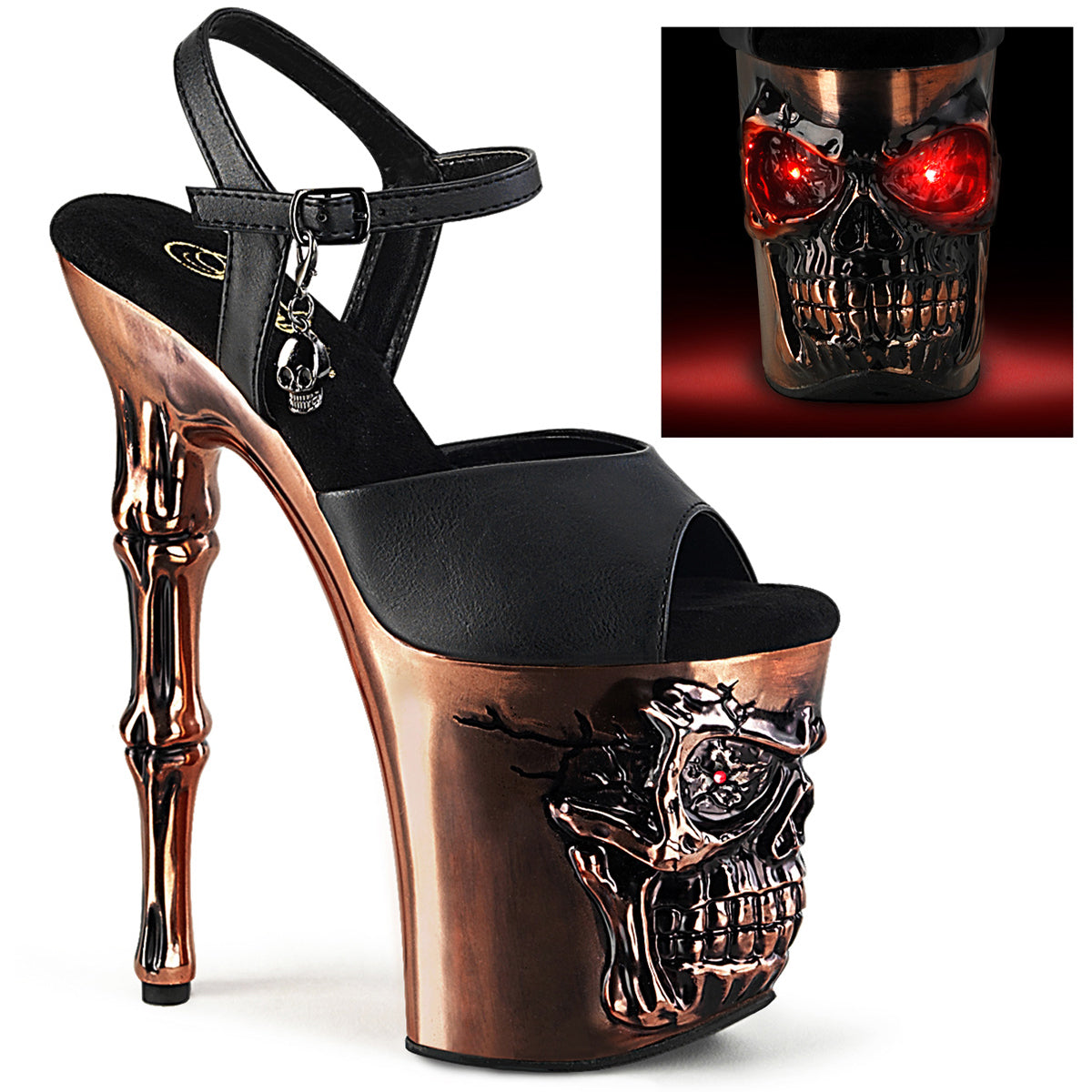 8" Finger Bone Heel, 4" Skull Pf Led Ankle Strap Sandal Pleaser  RAPT809-LT/BPU/BASCH