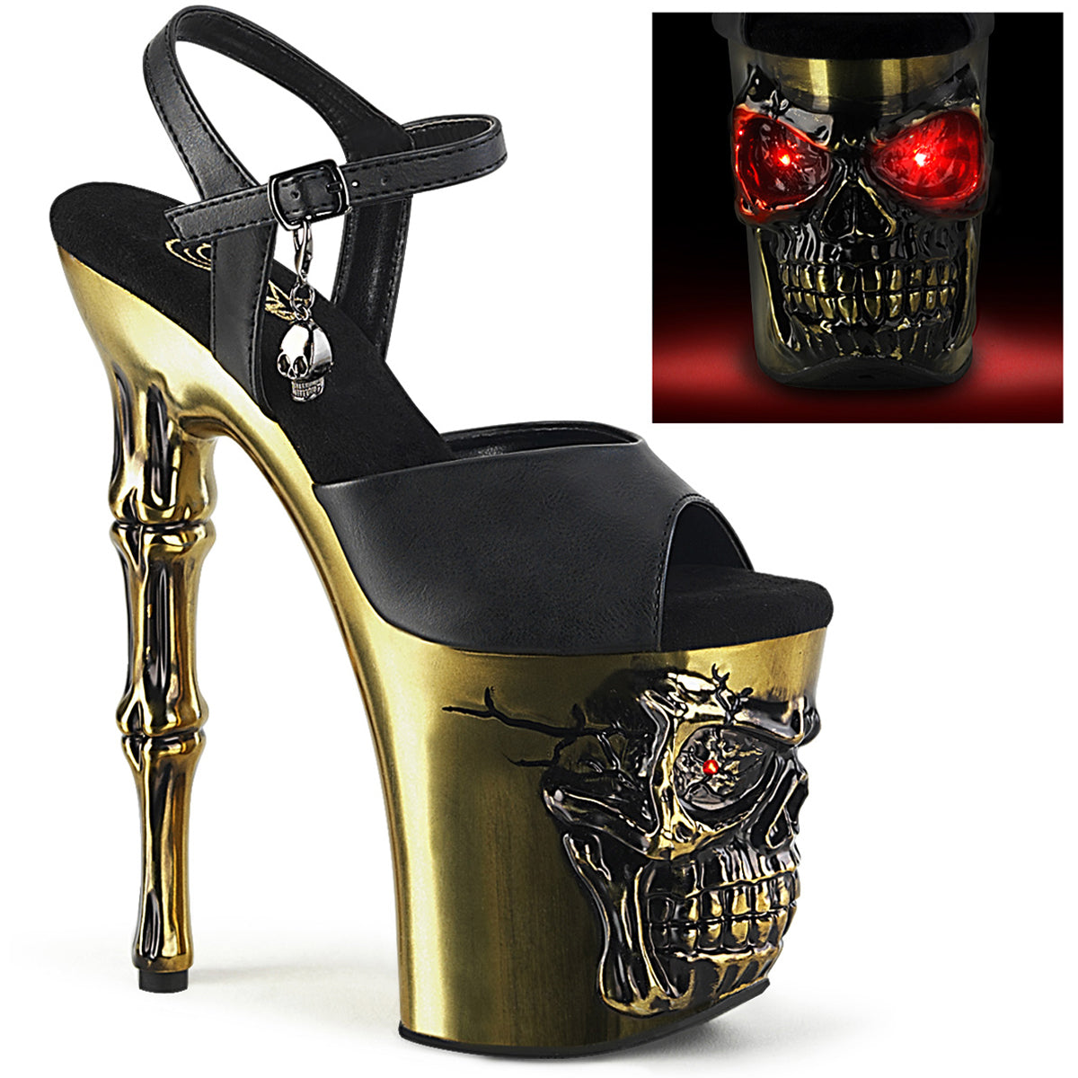 8" Finger Bone Heel, 4" Skull Pf Led Ankle Strap Sandal Pleaser  RAPT809-LT/BPU/COPCH Main image