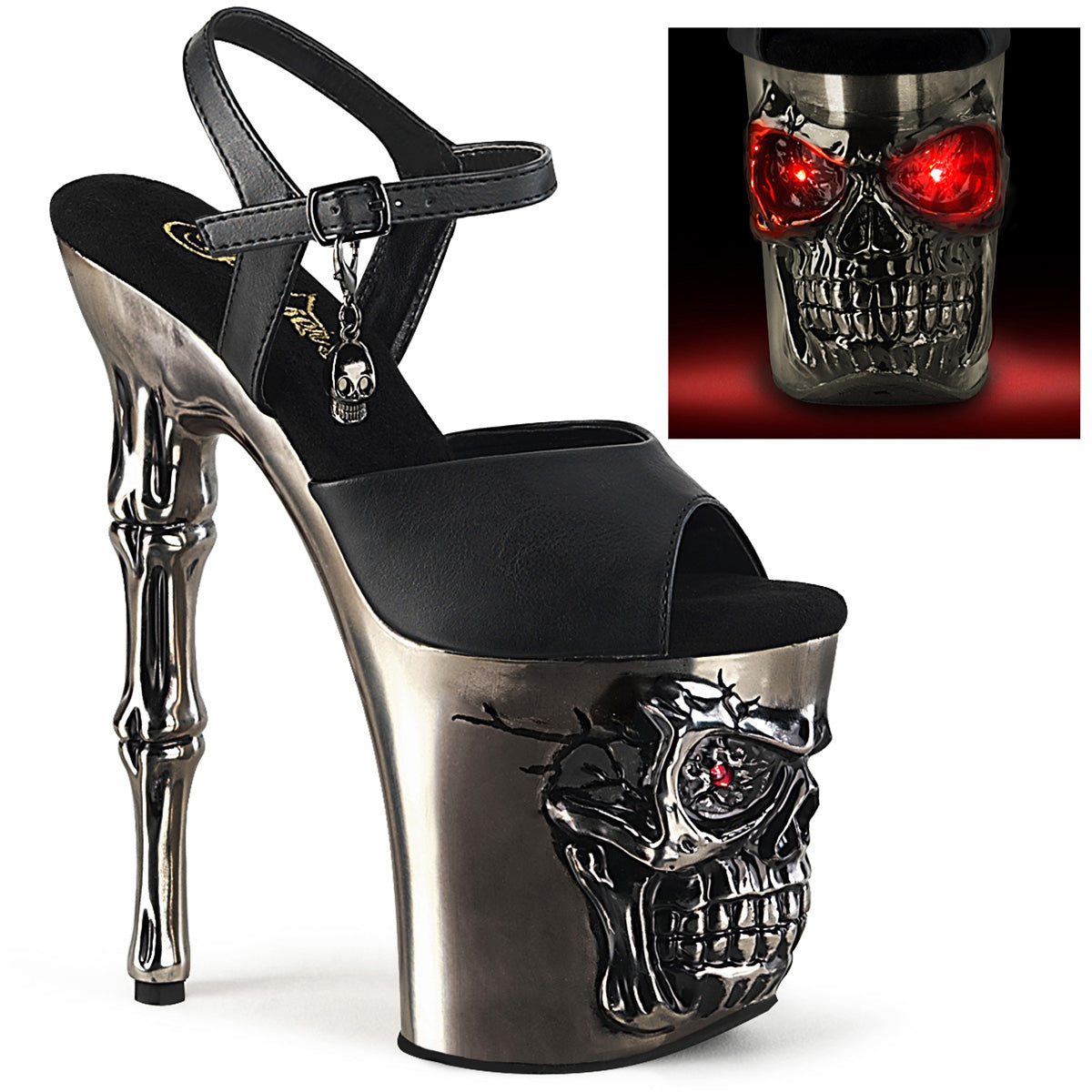 8" Finger Bone Heel, 4" Skull Pf Led Ankle Strap Sandal Pleaser  RAPT809-LT/BPU/PWCH Main image