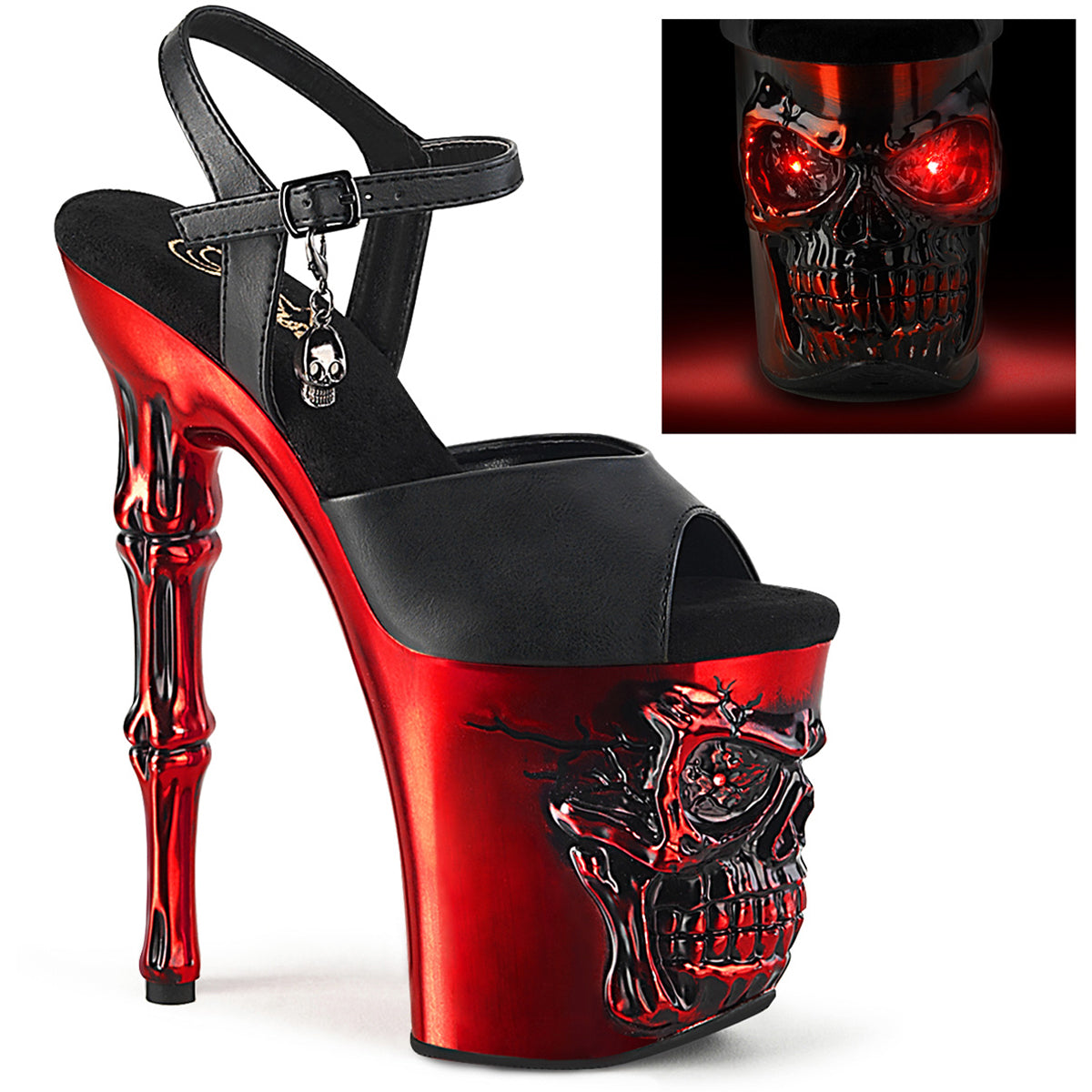 8" Finger Bone Heel, 4" Skull Pf Led Ankle Strap Sandal Pleaser  RAPT809-LT/BPU/RCH Main image