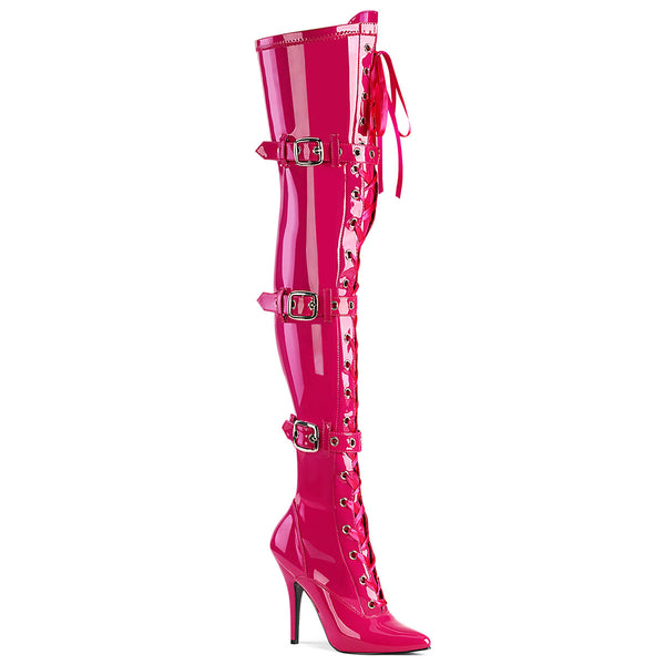 5" Heel Lace-Up Triple Buckle Strap Thigh Boot, Side Zip Pleaser Pleaser SEDUCE/3028