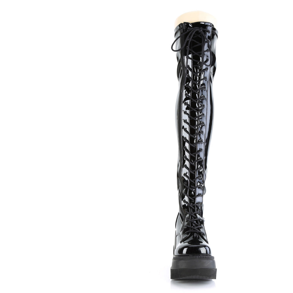 4 1/2" Wedge Pf Lace-Up Thigh-High Boot, Outside Zip Pleaser Demonia SHAKER/374