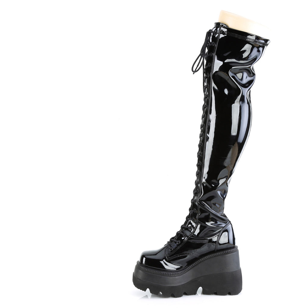 4 1/2" Wedge Pf Lace-Up Thigh-High Boot, Outside Zip Pleaser Demonia SHAKER/374