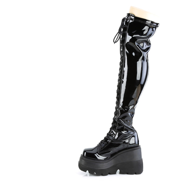 4 1/2" Wedge Pf Lace-Up Thigh-High Boot, Outside Zip Pleaser Demonia SHAKER/374