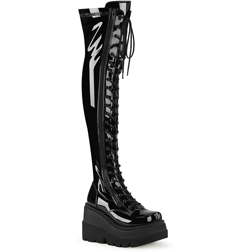 4 1/2" Wedge Pf Lace-Up Thigh-High Boot, Outside Zip Pleaser Demonia SHAKER/374