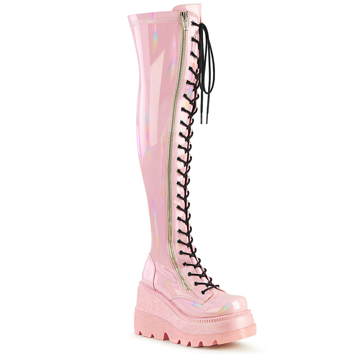 4" Wedge PF Lace-Up Thigh-High Boot, Outside Zip Pleaser Demonia SHAKER/374 Main image
