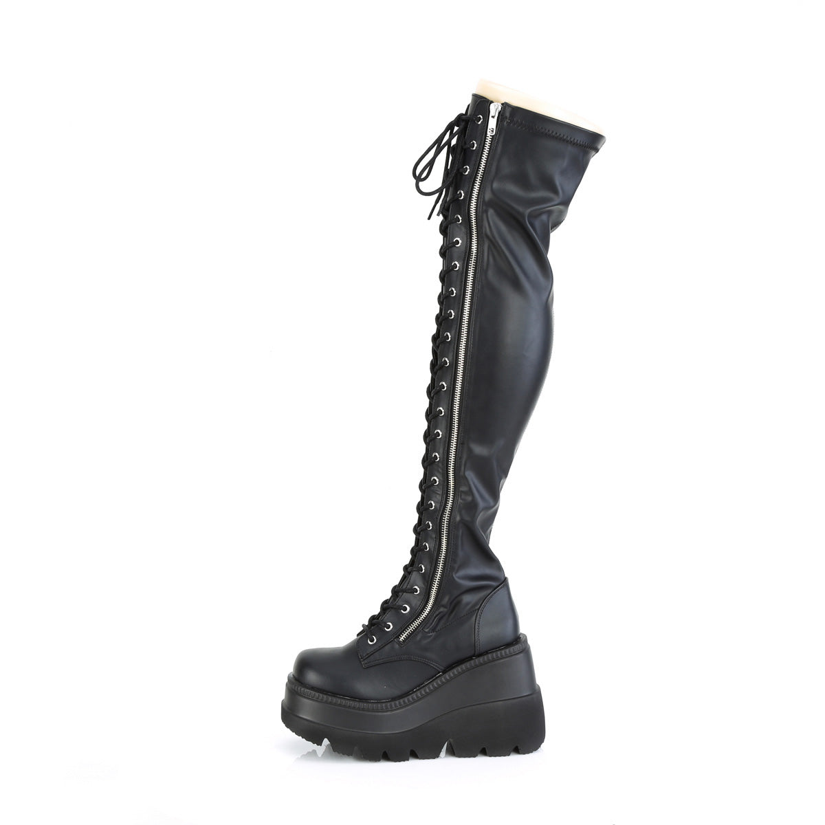 4 1/2" Wedge Pf Lace-Up Thigh-High Boot, Outside Zip Pleaser Demonia SHAKER/374