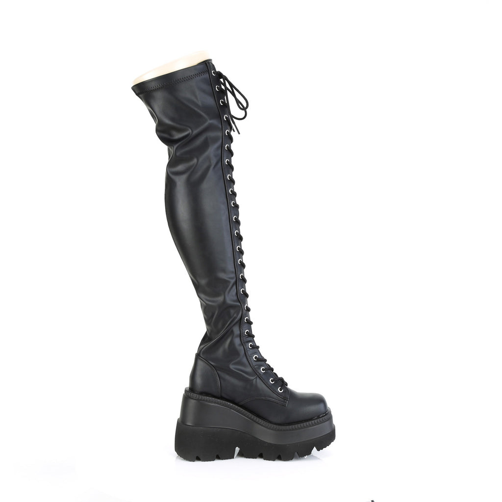 4 1/2" Wedge Pf Lace-Up Thigh-High Boot, Outside Zip Pleaser Demonia SHAKER/374
