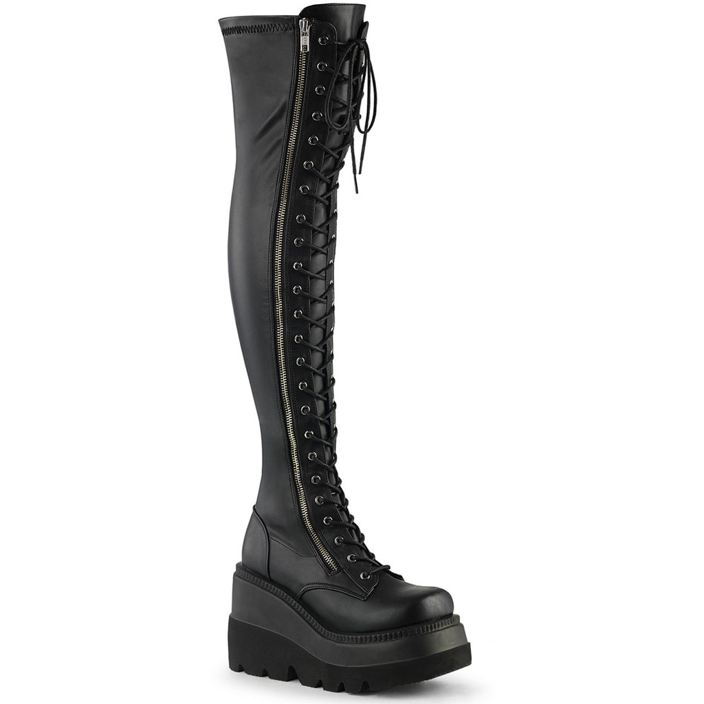 4 1/2" Wedge Pf Lace-Up Thigh-High Boot, Outside Zip Pleaser Demonia SHAKER/374