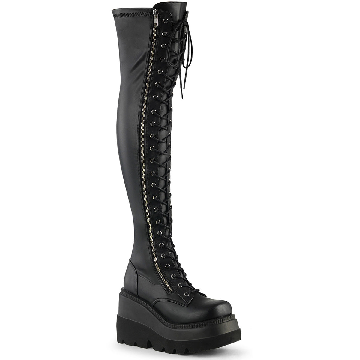 4 1/2" Wedge Pf Lace-Up Thigh-High Boot, Outside Zip Pleaser Demonia SHAKER/374