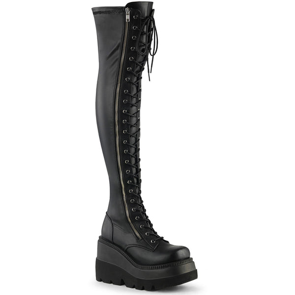 4 1/2" Wedge Pf Lace-Up Thigh-High Boot, Outside Zip Pleaser Demonia SHAKER/374