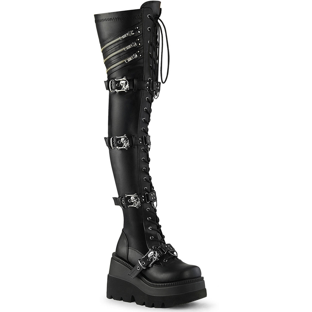 4 1/2" Wedge Pf Lace-Up Stretch Thigh High Boot, Side Zip Pleaser Demonia SHAKER/420