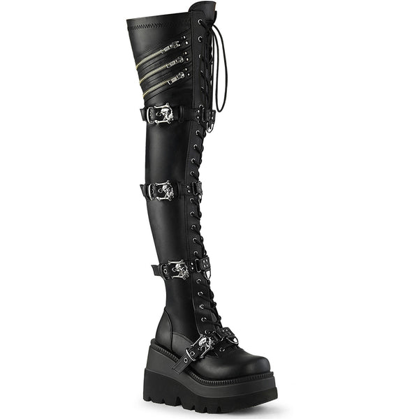 4 1/2" Wedge Pf Lace-Up Stretch Thigh High Boot, Side Zip Pleaser Demonia SHAKER/420