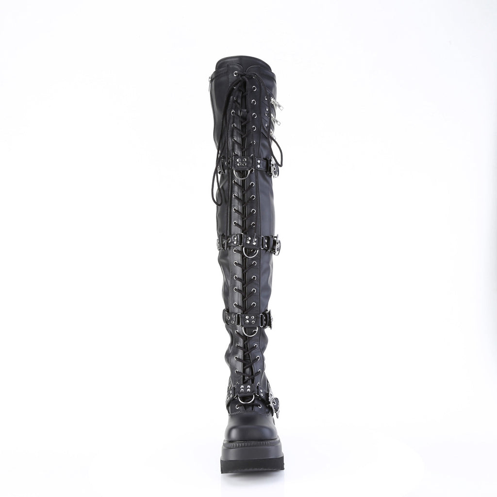 4 1/2" Wedge Pf Lace-Up Stretch Thigh High Boot, Side Zip Pleaser Demonia SHAKER/420