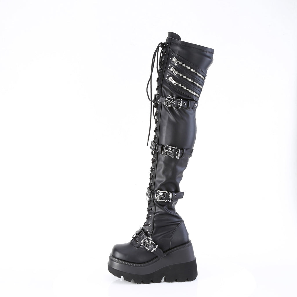 4 1/2" Wedge Pf Lace-Up Stretch Thigh High Boot, Side Zip Pleaser Demonia SHAKER/420