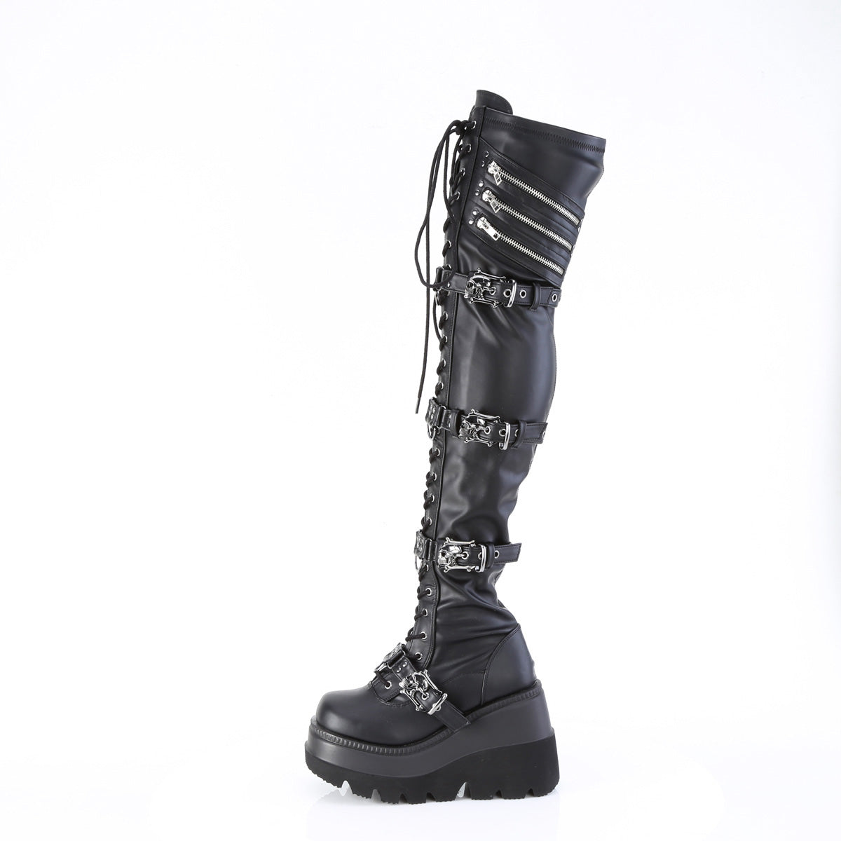 4 1/2" Wedge Pf Lace-Up Stretch Thigh High Boot, Side Zip Pleaser Demonia SHAKER/420