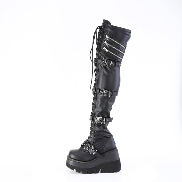 4 1/2" Wedge Pf Lace-Up Stretch Thigh High Boot, Side Zip Pleaser Demonia SHAKER/420