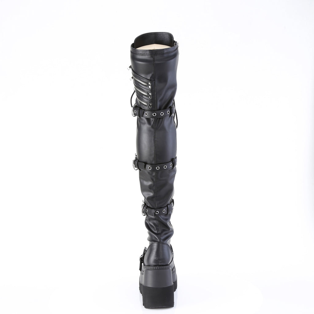 4 1/2" Wedge Pf Lace-Up Stretch Thigh High Boot, Side Zip Pleaser Demonia SHAKER/420