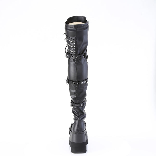 4 1/2" Wedge Pf Lace-Up Stretch Thigh High Boot, Side Zip Pleaser Demonia SHAKER/420