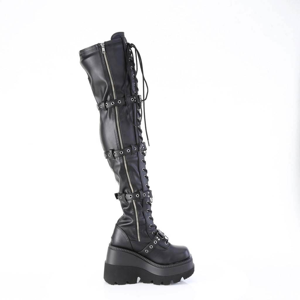 4 1/2" Wedge Pf Lace-Up Stretch Thigh High Boot, Side Zip Pleaser Demonia SHAKER/420