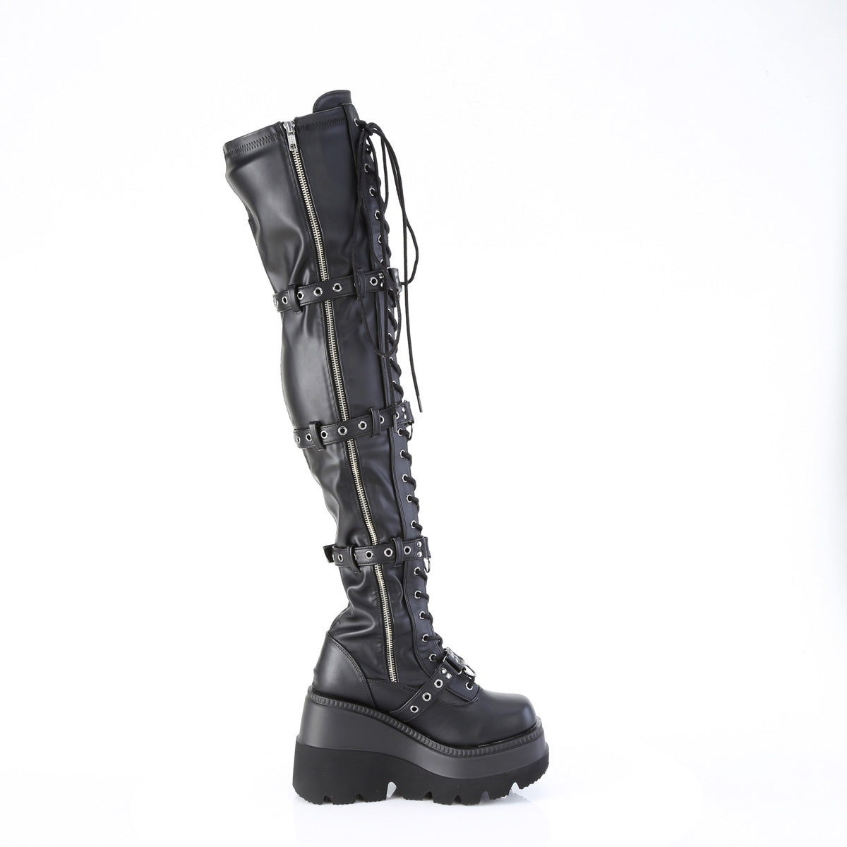 4 1/2" Wedge Pf Lace-Up Stretch Thigh High Boot, Side Zip Pleaser Demonia SHAKER/420