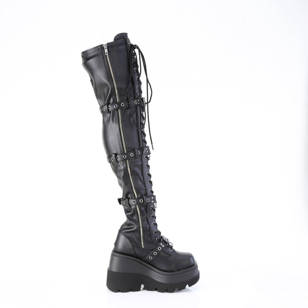4 1/2" Wedge Pf Lace-Up Stretch Thigh High Boot, Side Zip Pleaser Demonia SHAKER/420