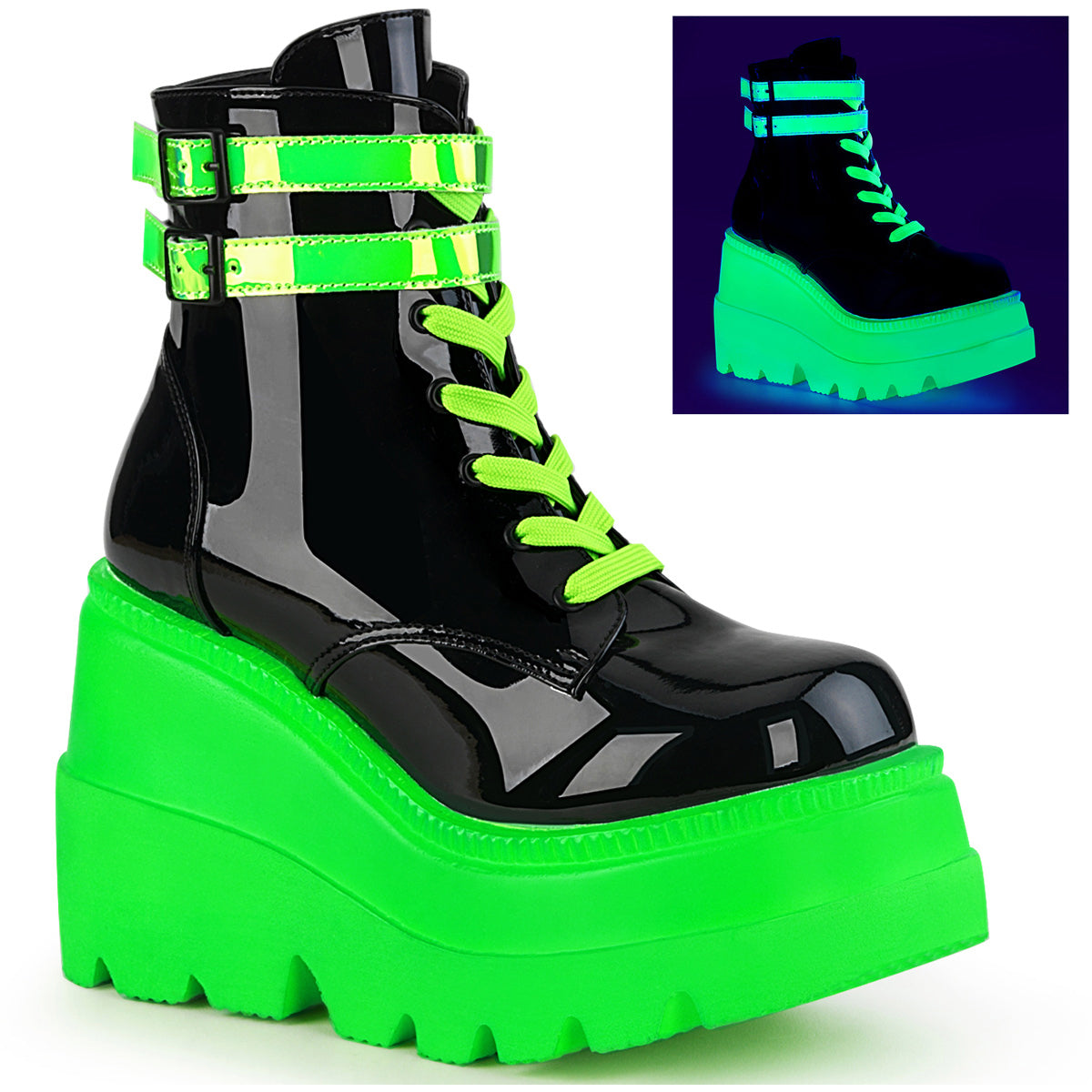 Demonia 4 1/2" Wedge Pf Lace-up Ankle Boot, Side Zip SHA52/BPT/UVNGN Secondary image
