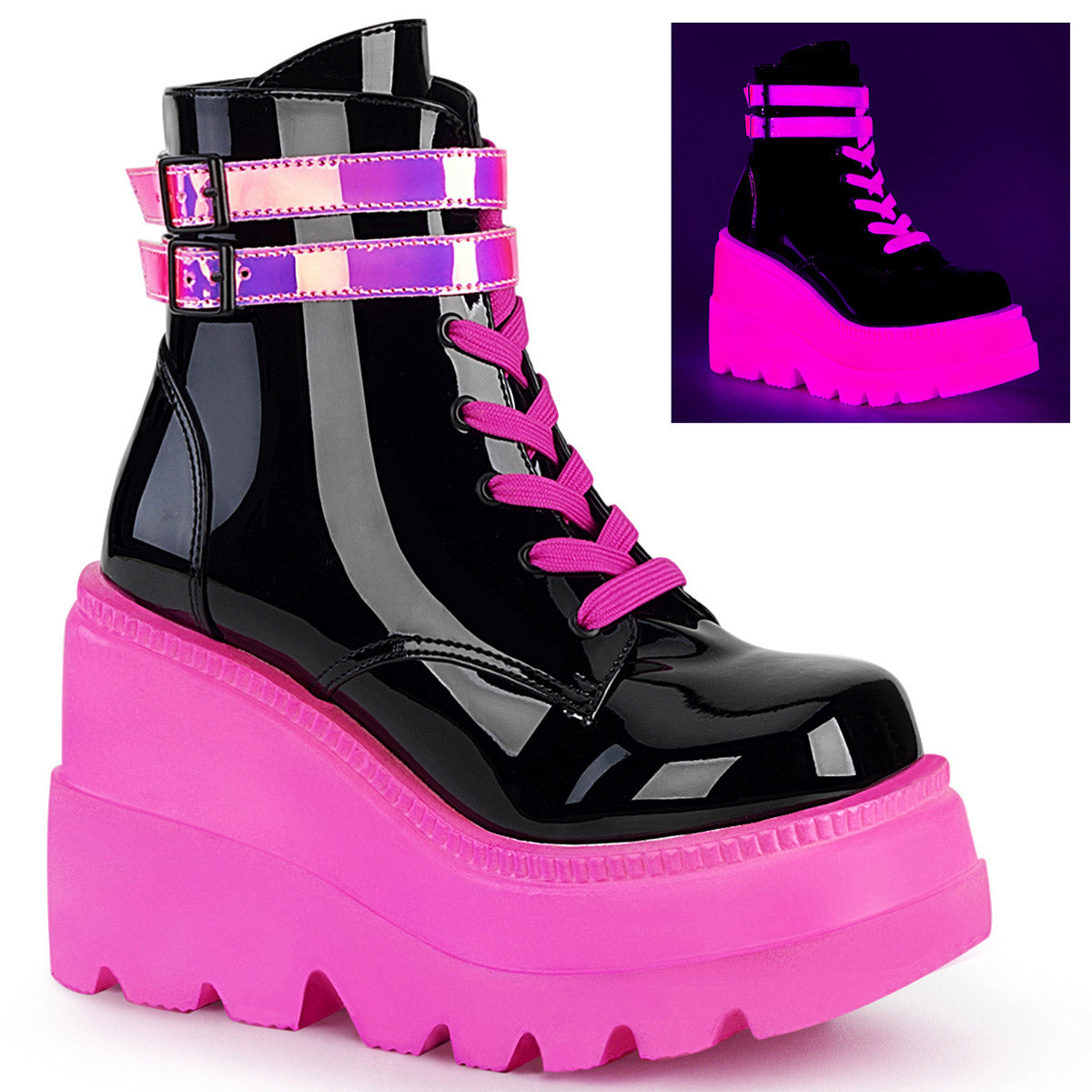 4 1/2" Wedge Pf Lace-up Ankle Boot, Side Zip Pleaser Demonia SHA52/BPT/UVNPNK Main image
