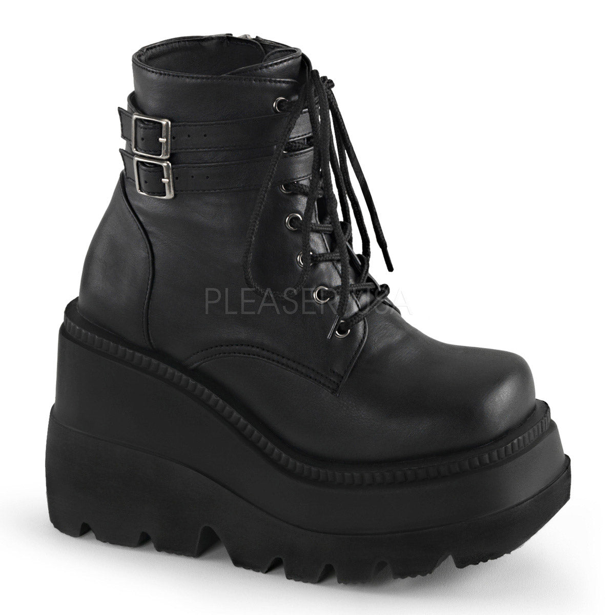 4 1/2" Stacked Wedge PF Lace-Up Ankle Boot w/Buckle Straps Blk Vegan Leather Pleaser Demonia SHA52/BVL Main image