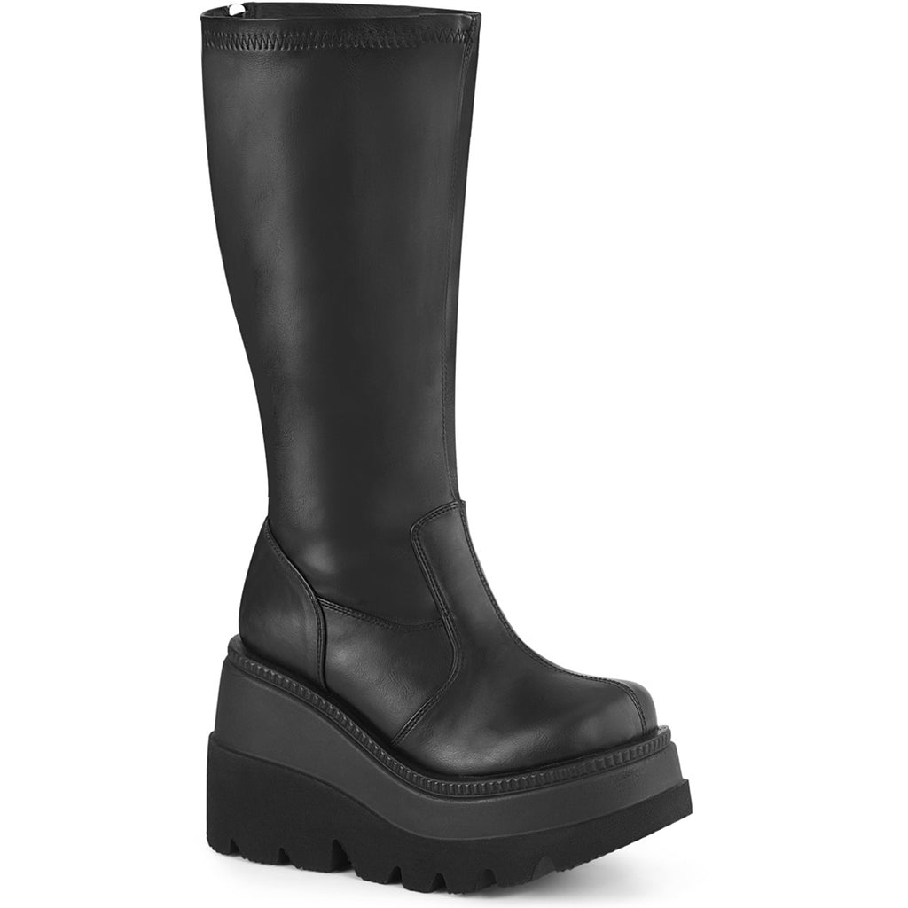 4 1/2" Wedge Pf Str Wide Calf Knee High Boot, Back Zip Pleaser Demonia SHA65WC/BVL