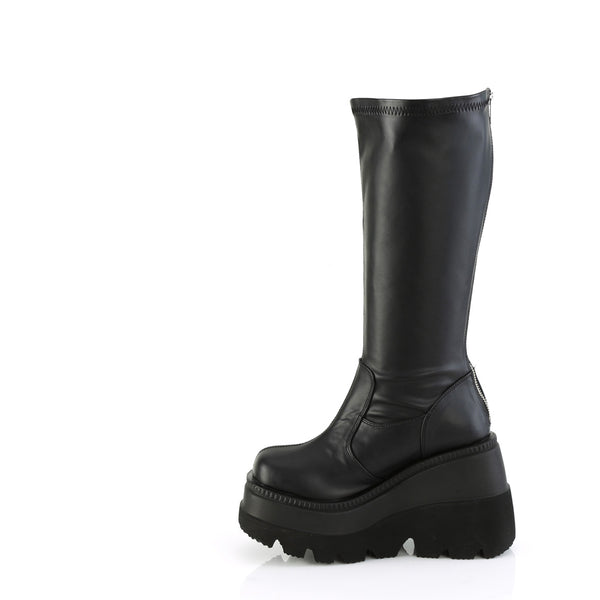 4 1/2" Wedge Pf Str Wide Calf Knee High Boot, Back Zip Pleaser Demonia SHA65WC/BVL