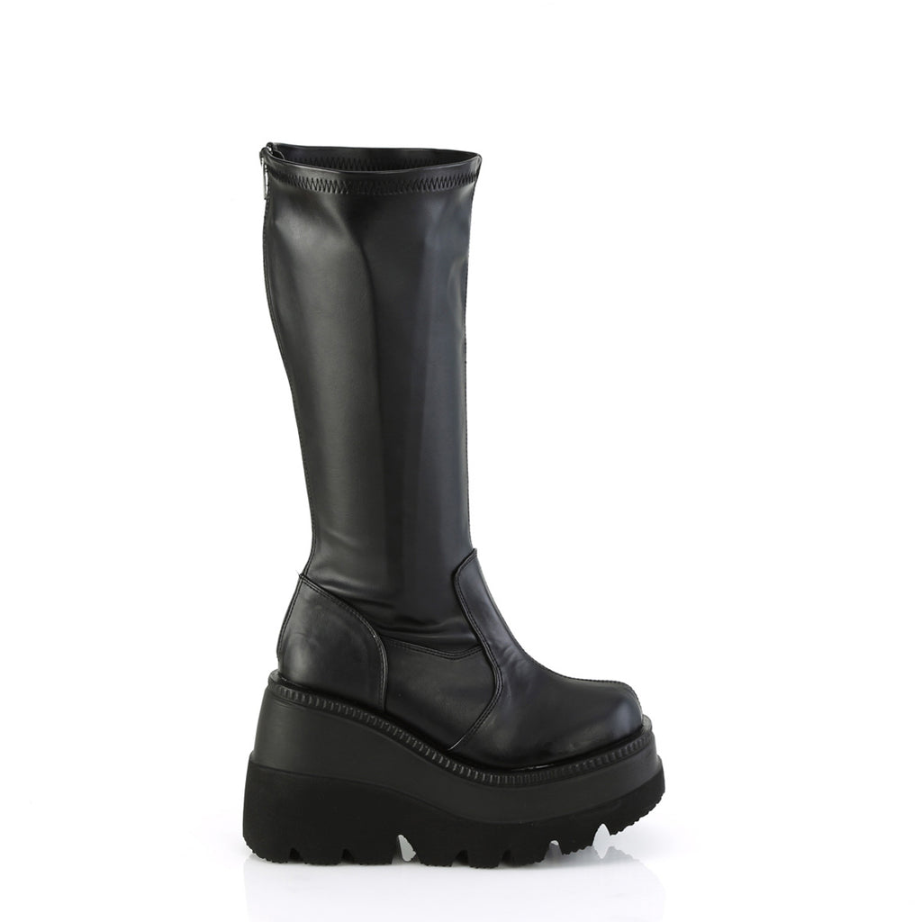 4 1/2" Wedge Pf Str Wide Calf Knee High Boot, Back Zip Pleaser Demonia SHA65WC/BVL