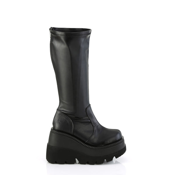 4 1/2" Wedge Pf Str Wide Calf Knee High Boot, Back Zip Pleaser Demonia SHA65WC/BVL