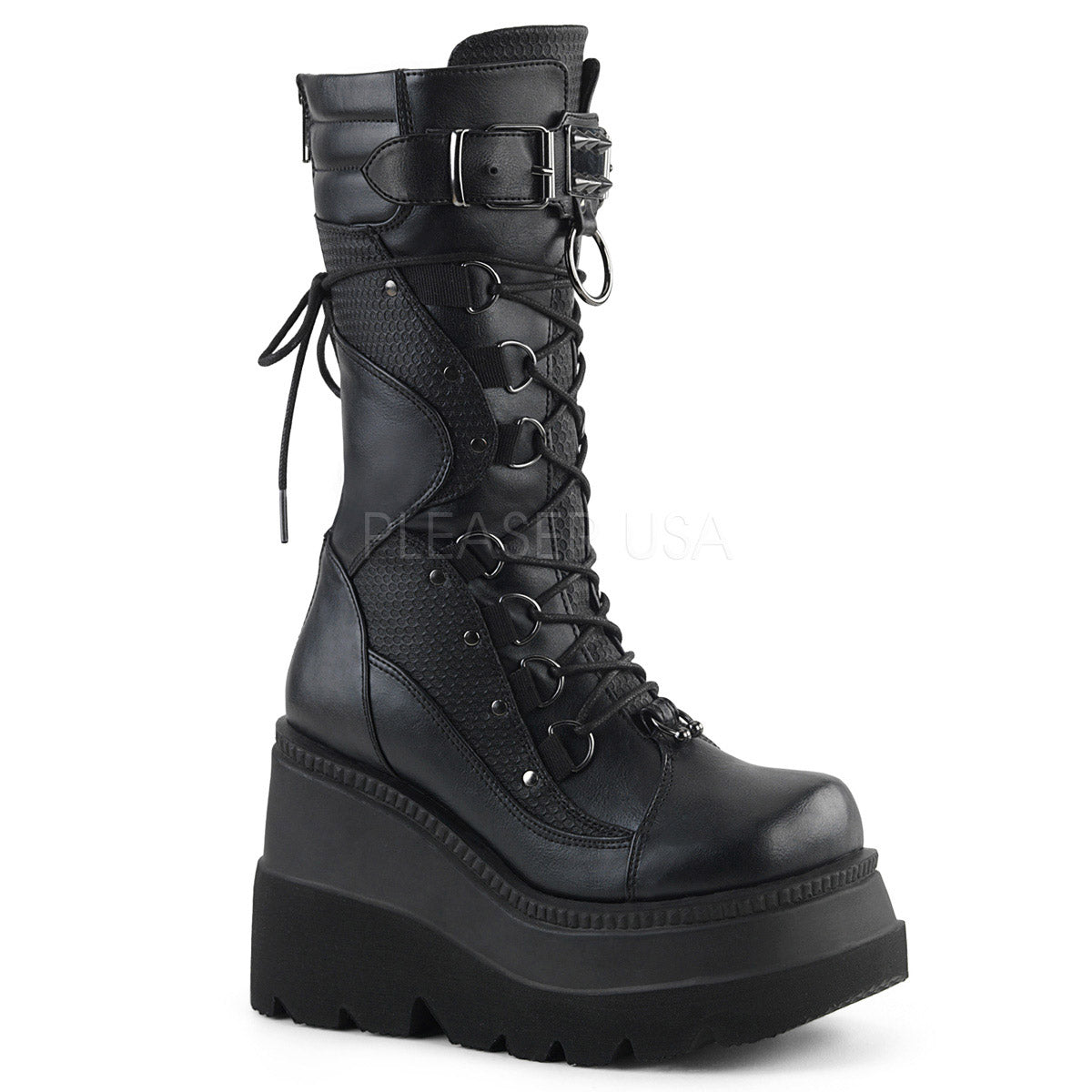 4" Wedge PF Lace-Up Mid-Calf Boot, BackMetalZipper Pleaser Demonia SHAKER/70 Main image