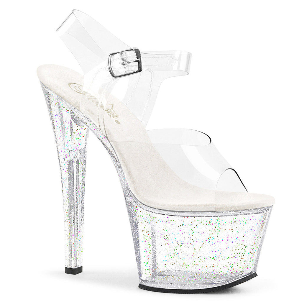 7" Heel, 2 3/4" PF Ankle Strap Sandal W/Mini Glitters Pleaser Pleaser SKY/308MG