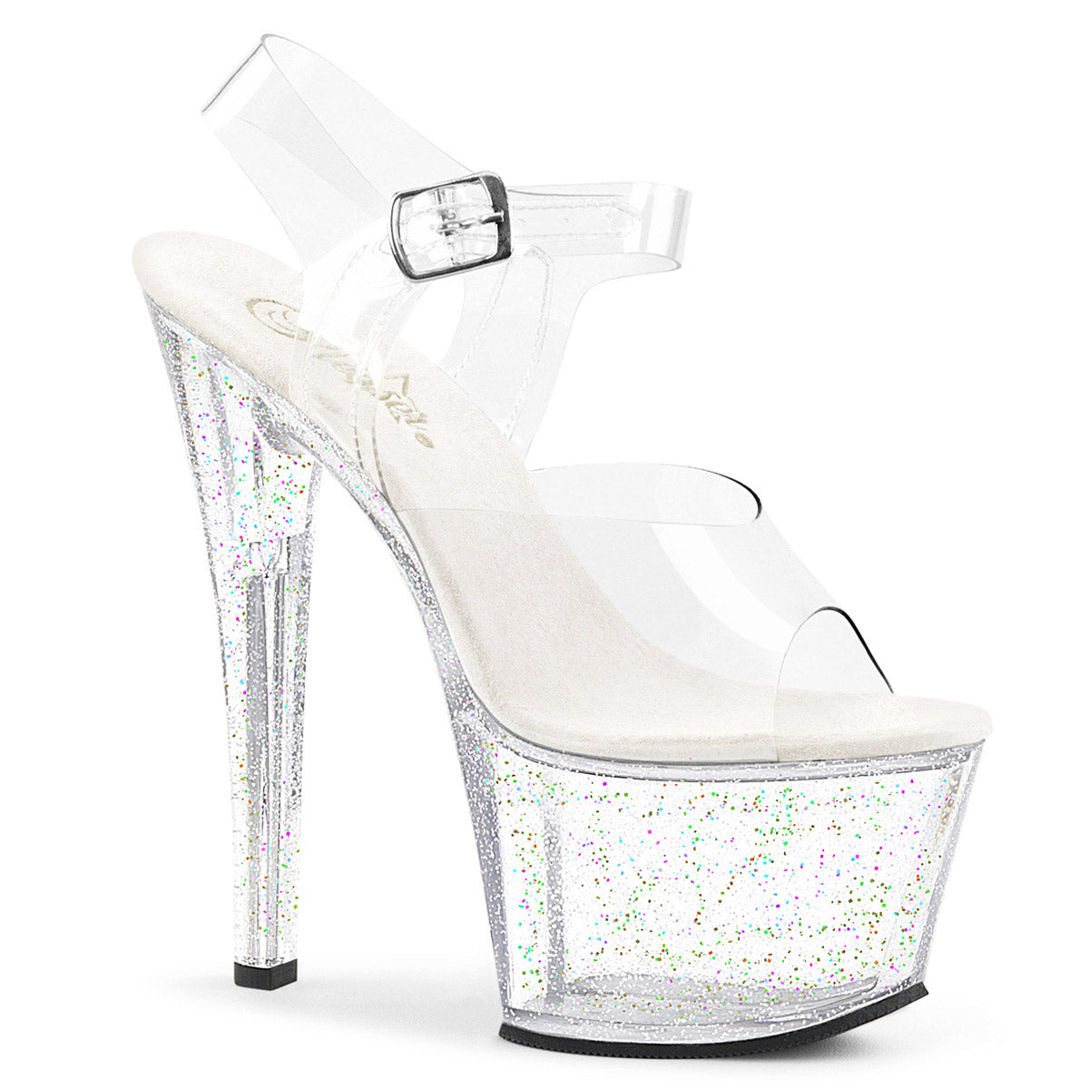 7" Heel, 2 3/4" PF Ankle Strap Sandal W/Mini Glitters Pleaser Pleaser SKY/308MG