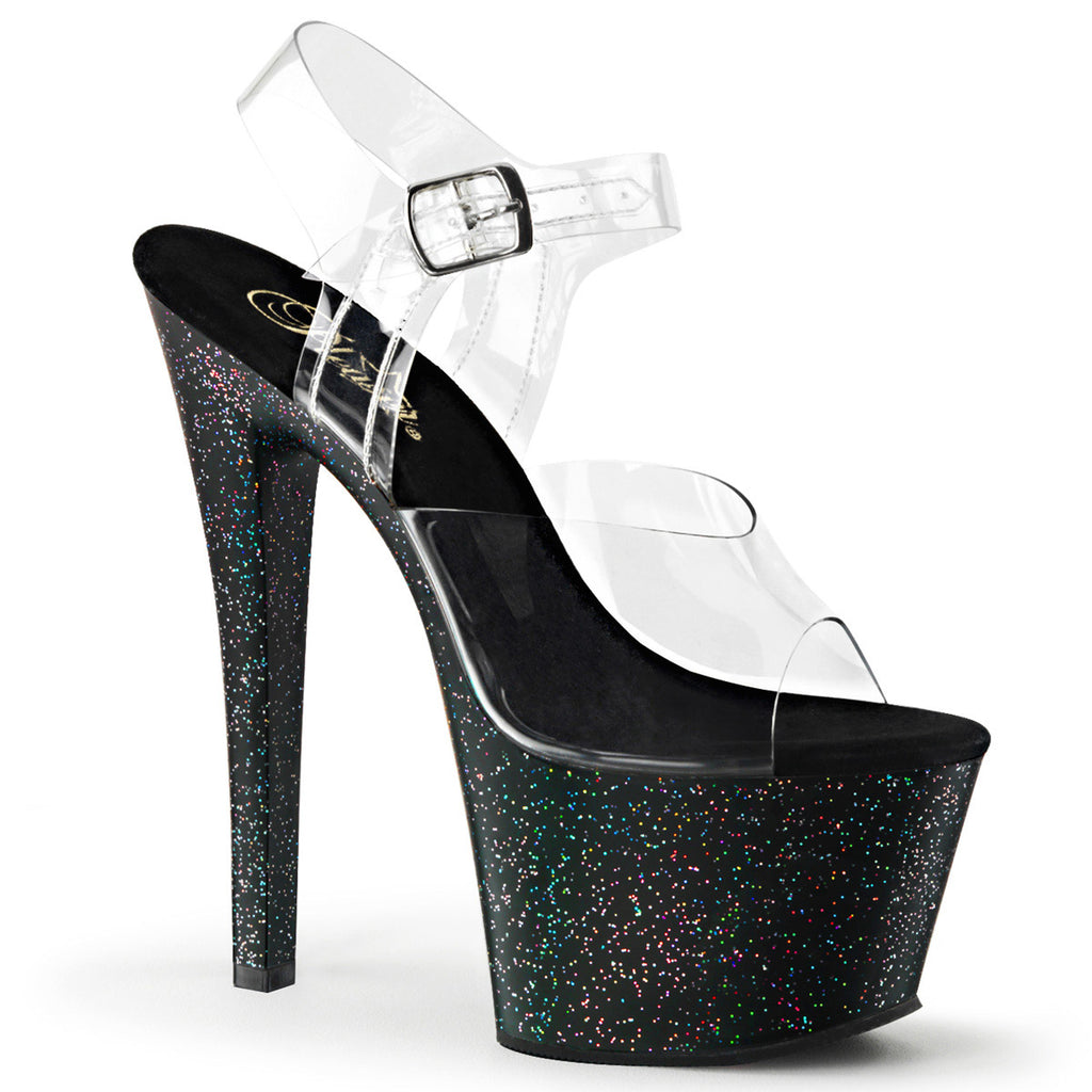 7" Heel, 2 3/4" PF Ankle Strap Sandal w/Mini Glitter Pleaser Pleaser SKY/308MG