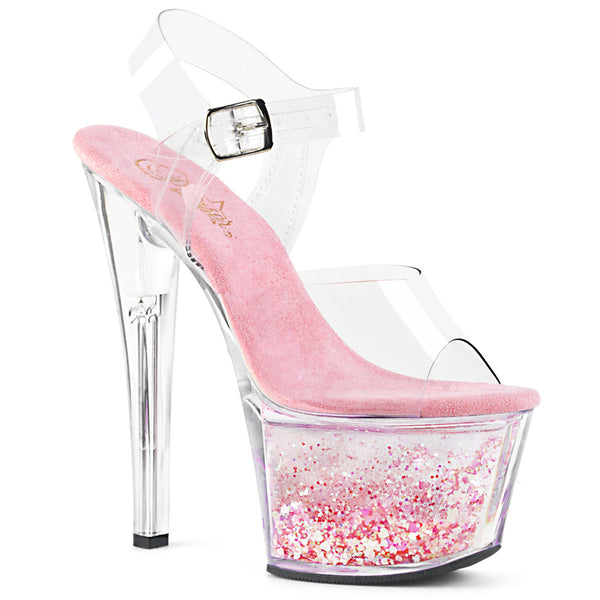 7" Heel, 2 3/4" PF Ankle Strap Sandal w/ Liquid Infused PF Pleaser  SKY/308WHG