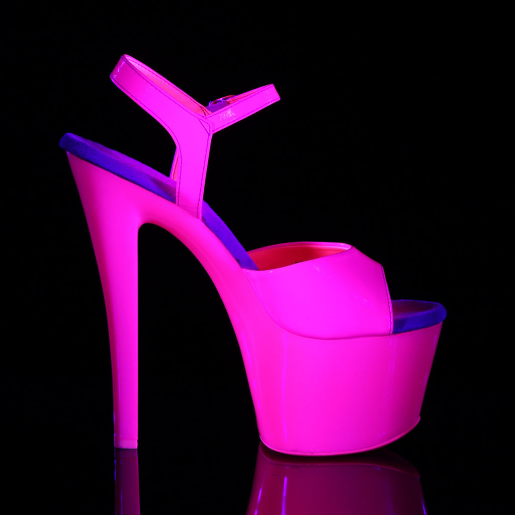 7" Heel 2 3/4" Pf Ankle Strap Sandal, Neon Uv Reactive Pleaser Pleaser SKY/309UV