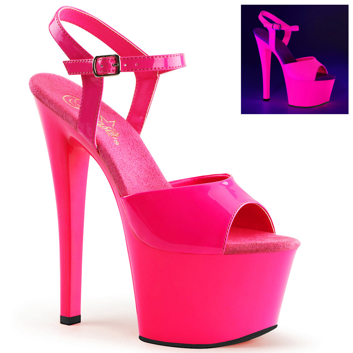 7" Heel 2 3/4" Pf Ankle Strap Sandal, Neon Uv Reactive Pleaser Pleaser SKY/309UV