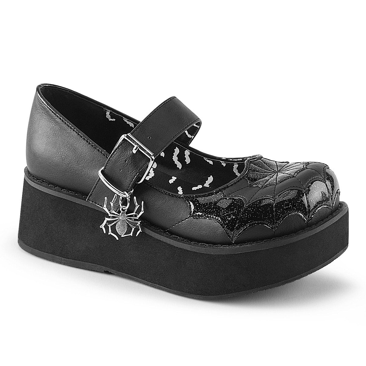 2 1/4" P/F Mary Jane w/Spider Charm & Cross Detail Blk Vegan Leather-Blk Pat Pleaser Demonia SPRITE/05 Main image