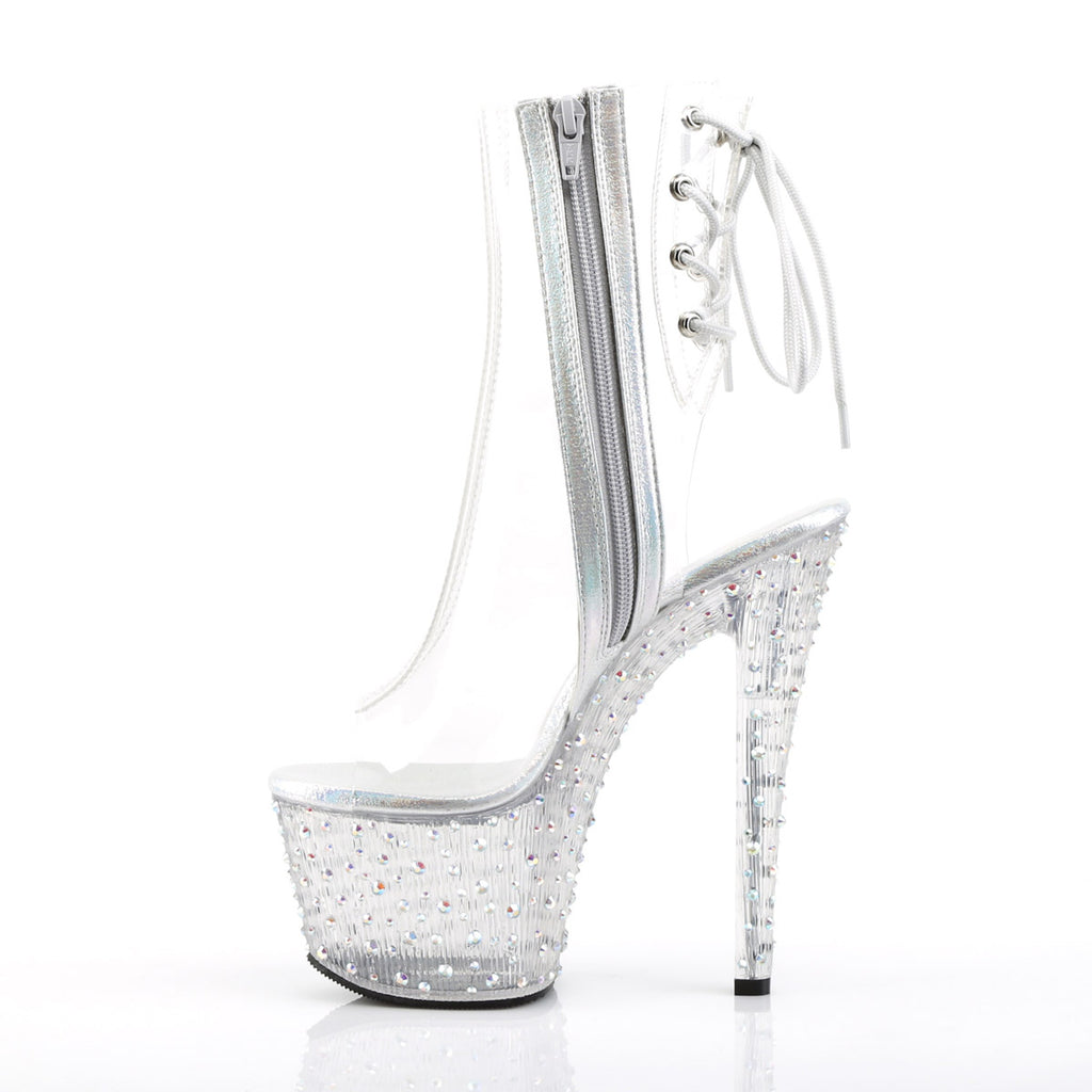 7" Heel, 2 3/4" PF Open Toe/Heel Ankle Boot, Side Zip Clr/Clr-Slv Multi RS Pleaser Pleaser STARDANCE/1018C/7